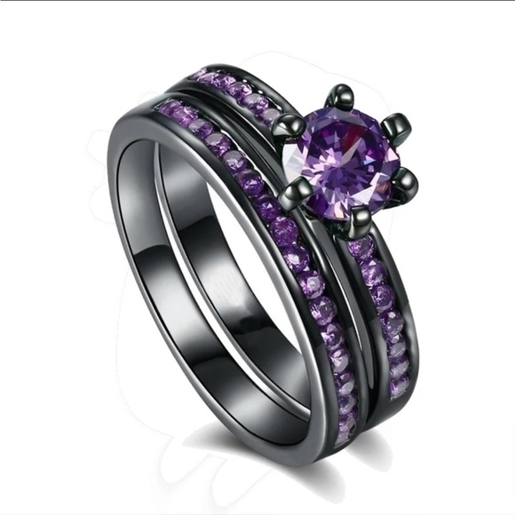 COUPLES MATCHING PURPLE AMETHYST TITANIUM STEEL TUNGSTEN CARBIDE RING SET - Picture 3 of 6